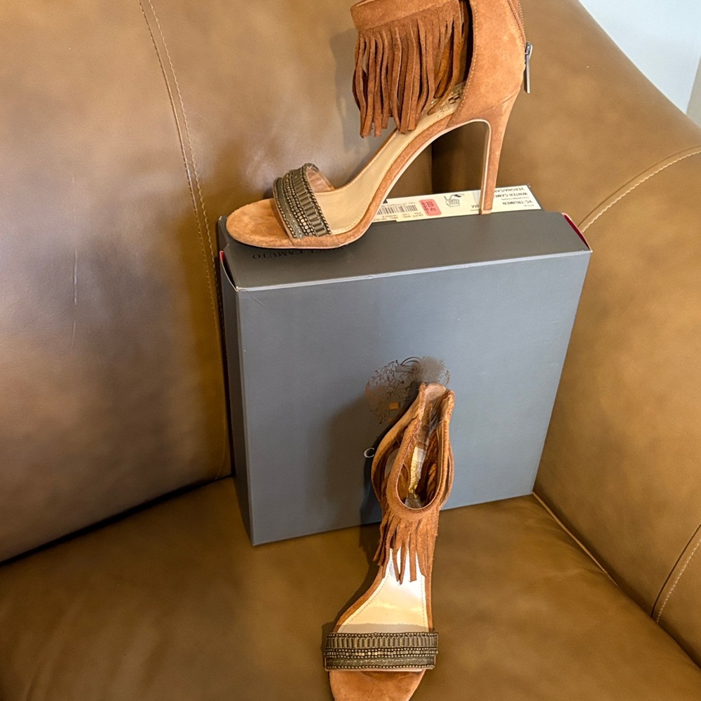 Vince Camuto Tan Fringed Heels